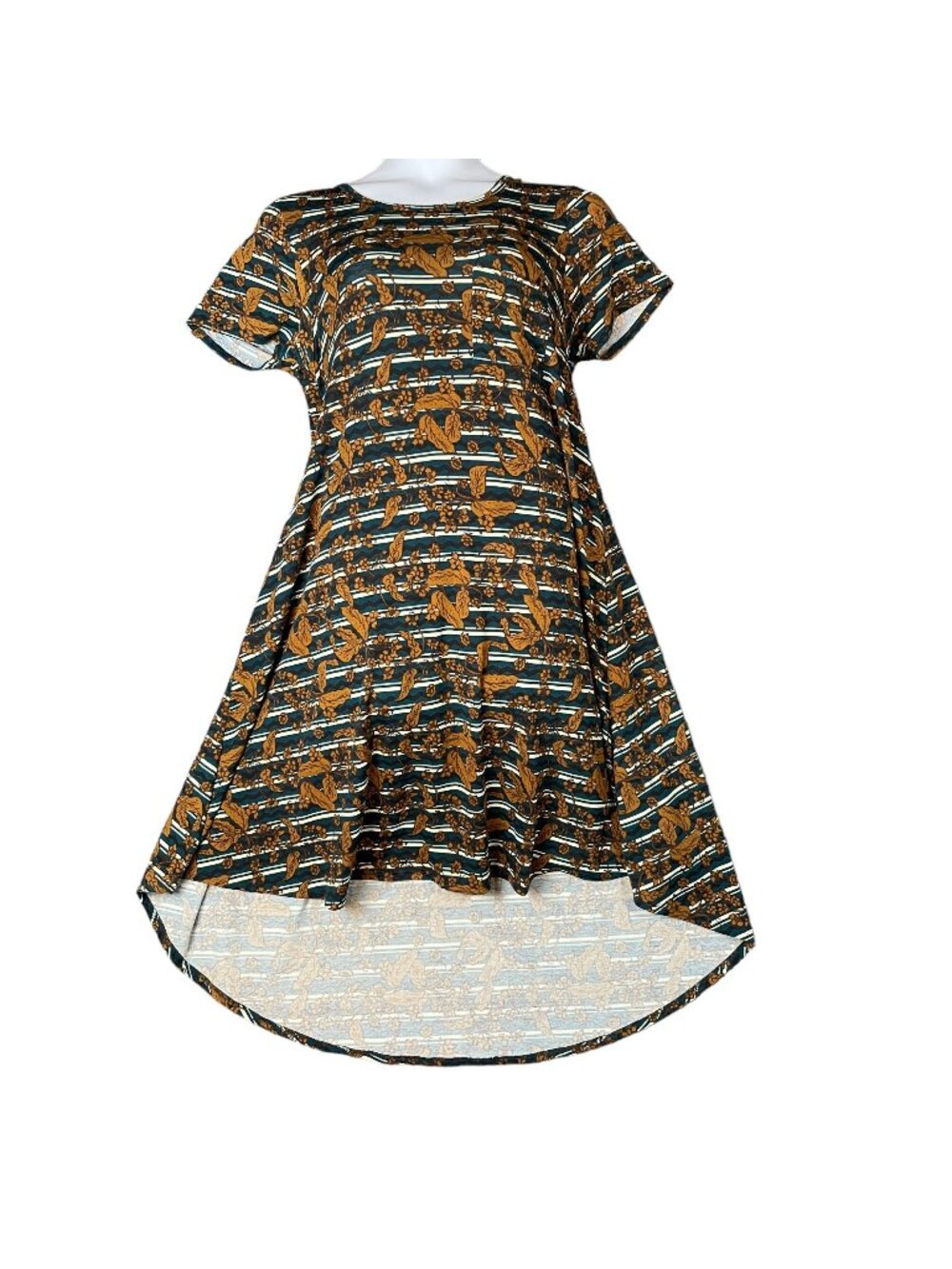 LuLaRoe Carly Dress Womens XL High-Low Striped Leaves Flowy Stretchy Casual